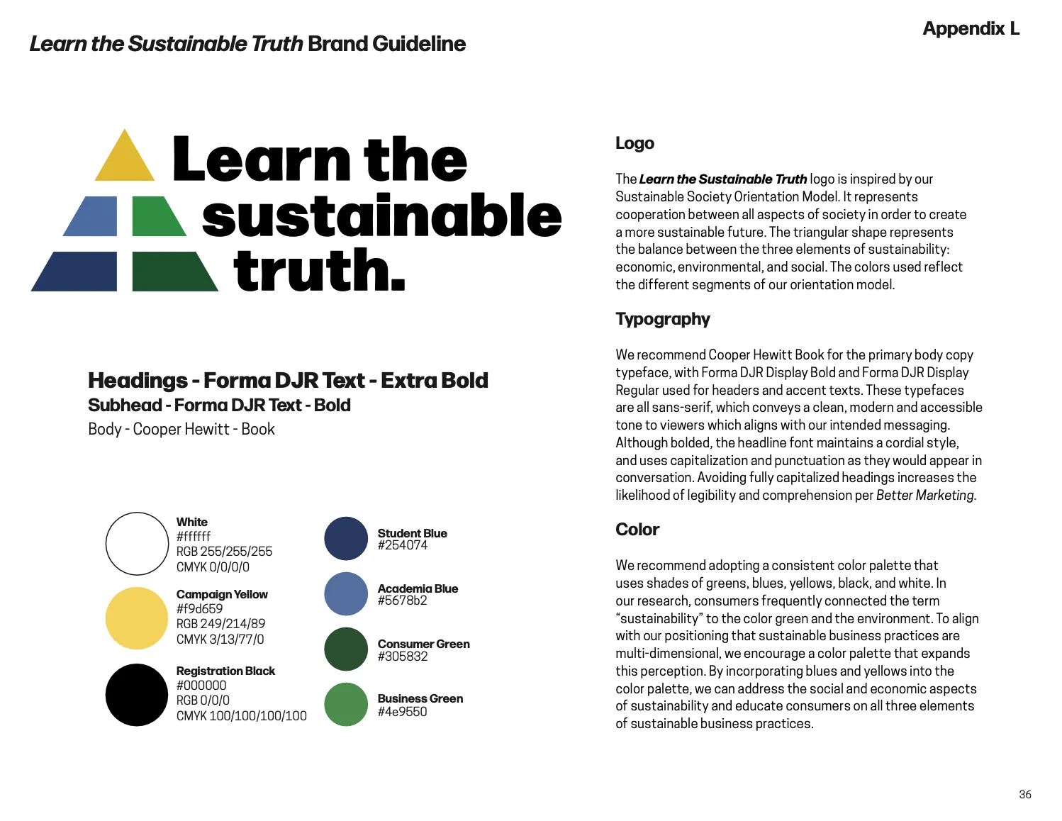 Brand guideline page for Learn the Sustainable Truth showing a triangular logo with four colored segments and black bold text. Includes typography recommendations and a color palette with hex, RGB, and CMYK codes for white, yellow, black, and various blues and greens.