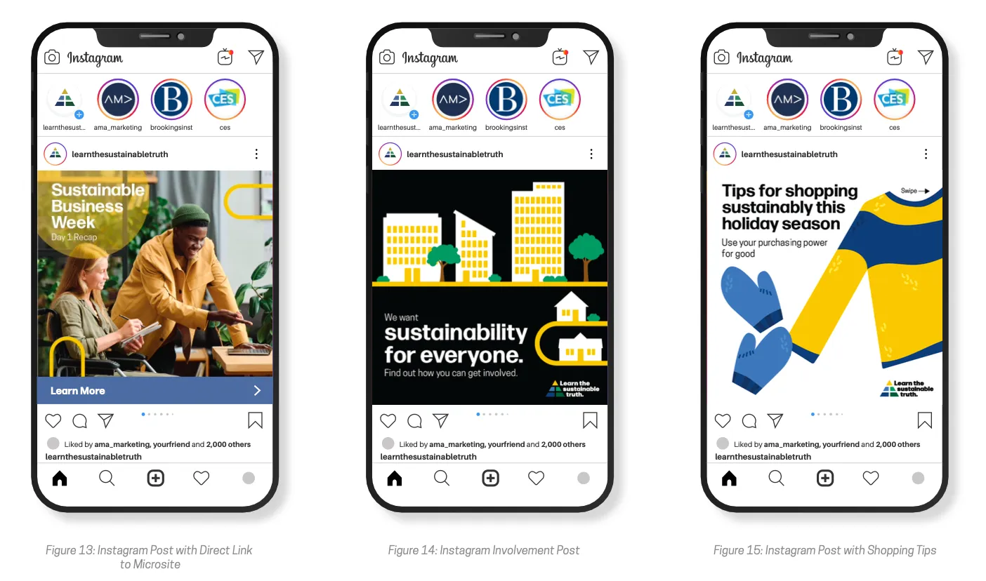 Three Instagram posts from learnthesustainabletruth: first shows two people discussing Sustainable Business Week, second promotes sustainability for everyone with city and house icons, third offers tips for sustainable holiday shopping with graphic of winter mittens and sweater.