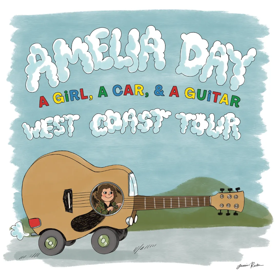 Illustration of a guitar with wheels on a road, with a girl driving inside the guitar's sound hole, and text reading 'Amelia Day A Girl, A Car, & A Guitar West Coast Tour' in colorful and cloud-like letters.