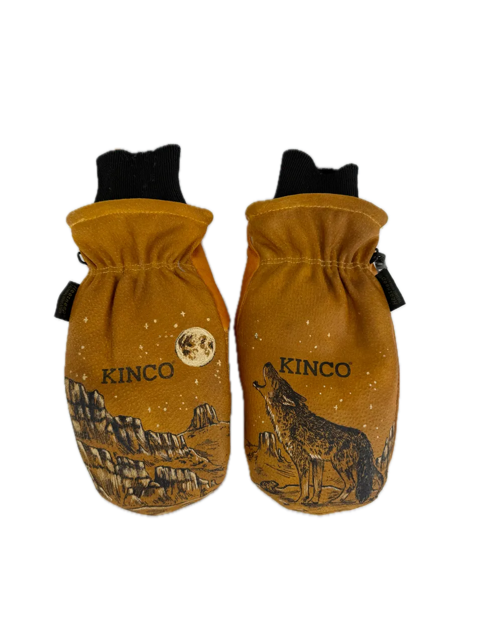 Pair of brown Kinco mittens with black cuffs, depicting a howling wolf, moon, stars, and desert landscape.