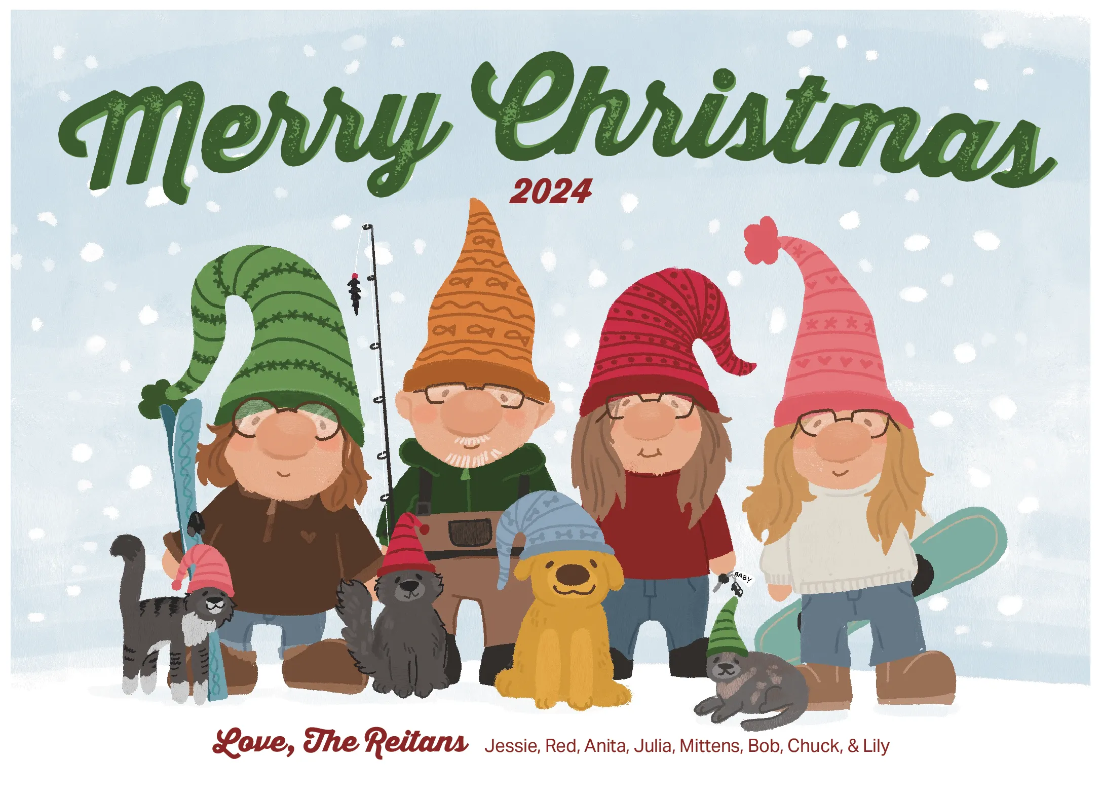Illustration of four people in colorful winter hats with glasses, accompanied by five pets wearing hats, standing in snow under 'Merry Christmas 2024' text.