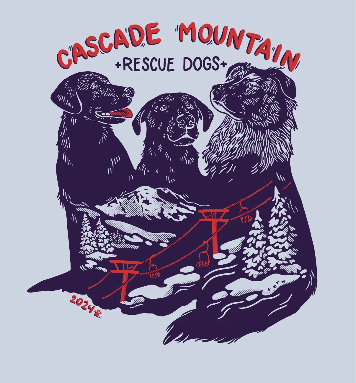 Illustration of three rescue dogs with mountain and ski lift scenery integrated in their bodies, titled 'Cascade Mountain Rescue Dogs' and marked with '2024'.