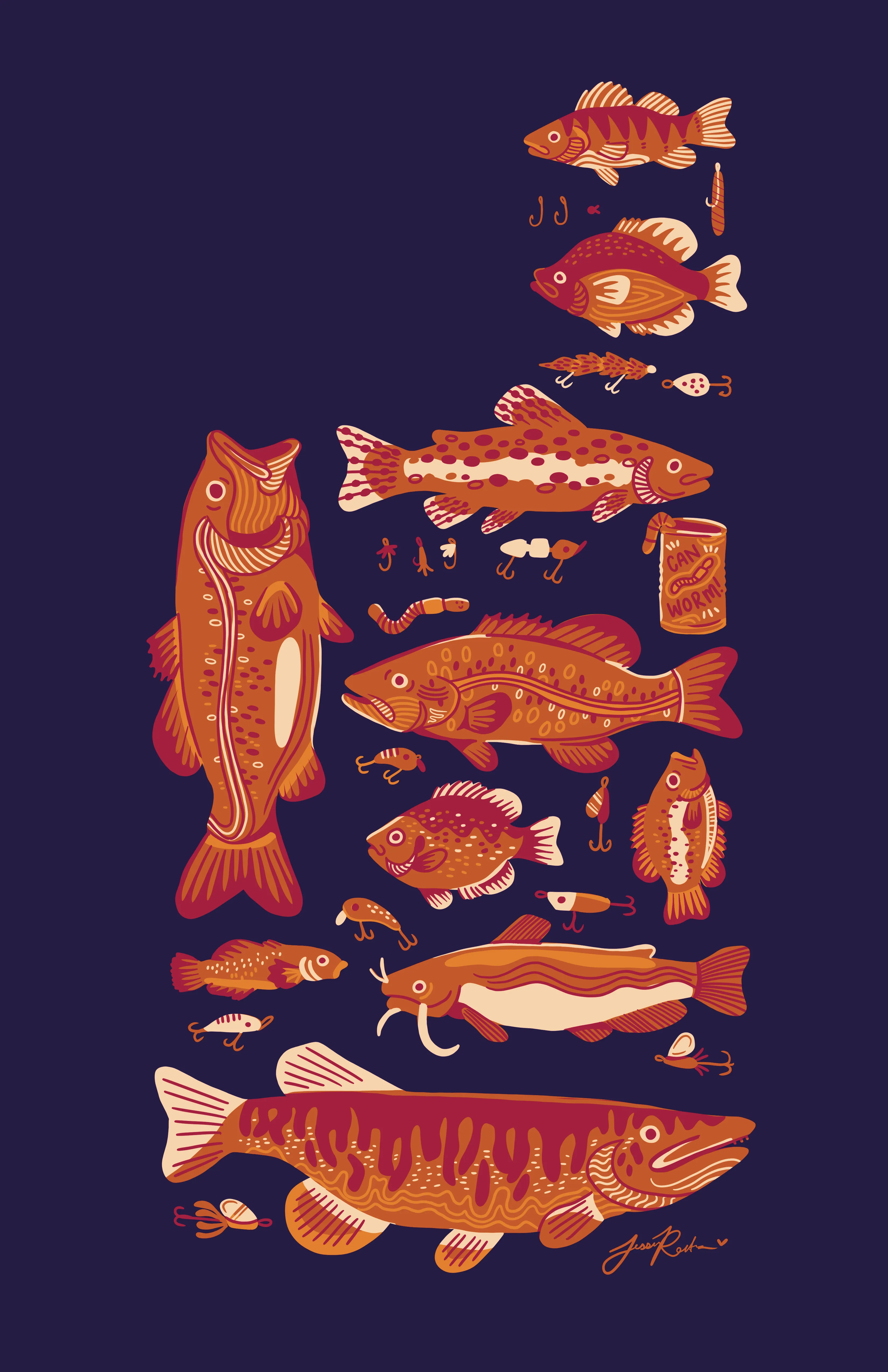 Illustration of various fish species surrounded by fishing hooks, lures, a worm, and a can of worms on a dark blue background.