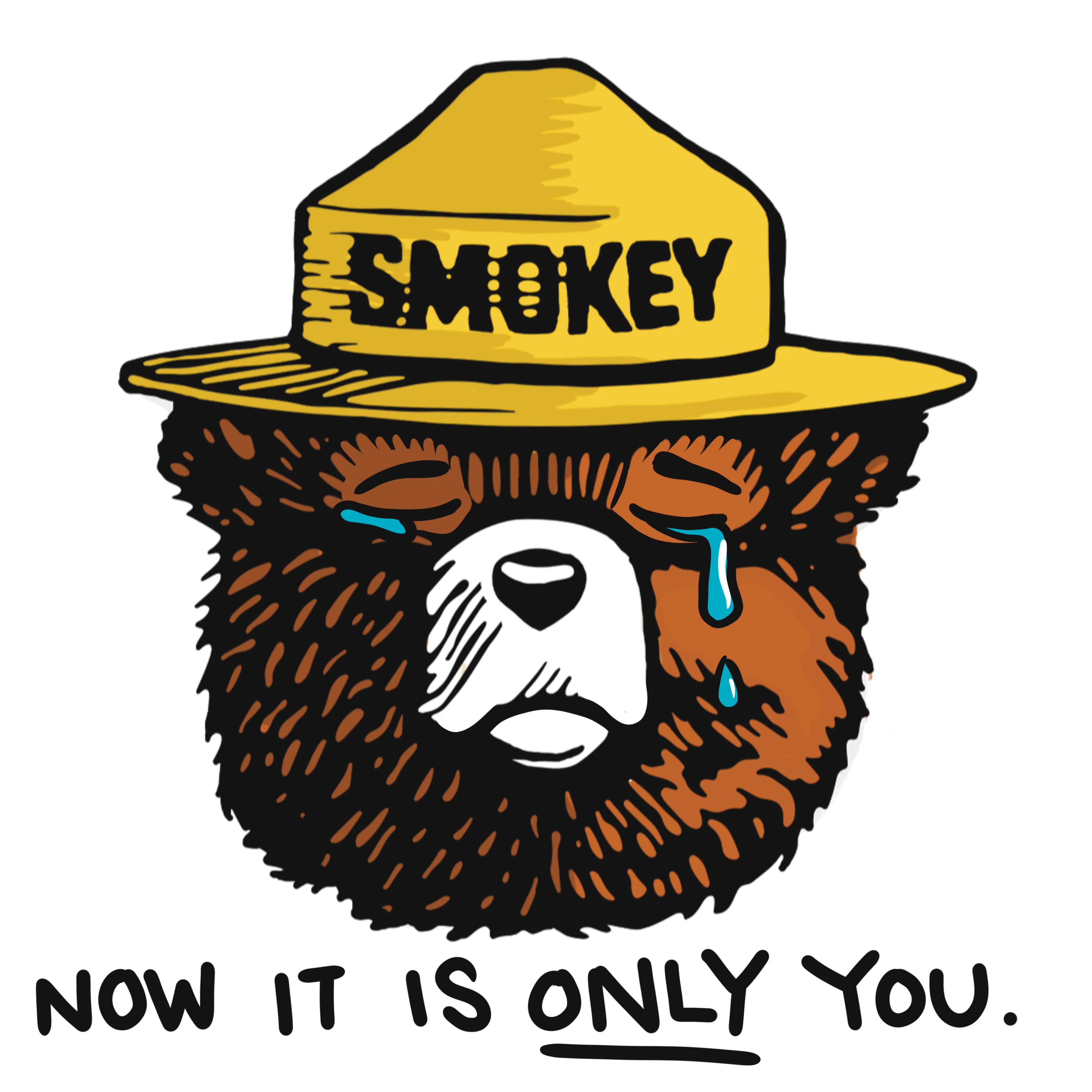 Illustration of Smokey Bear wearing a yellow ranger hat with tears streaming down his face and text below reading 'NOW IT IS ONLY YOU.'
