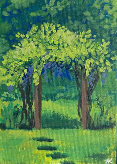 Painting of a garden archway covered with green leaves and purple wisteria flowers with a grassy path and stone steps beneath.