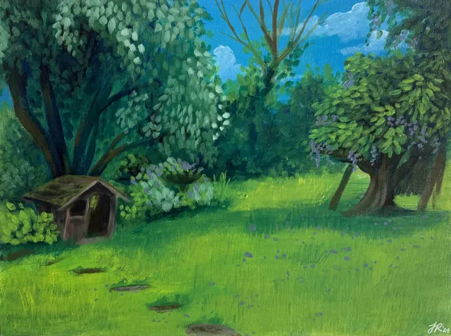 Painting of a lush green garden with tall trees, flowering bushes, a clear blue sky, and a small wooden doghouse on the left.