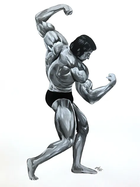 Black and white illustration of a muscular male bodybuilder flexing his arms and legs, wearing black shorts.