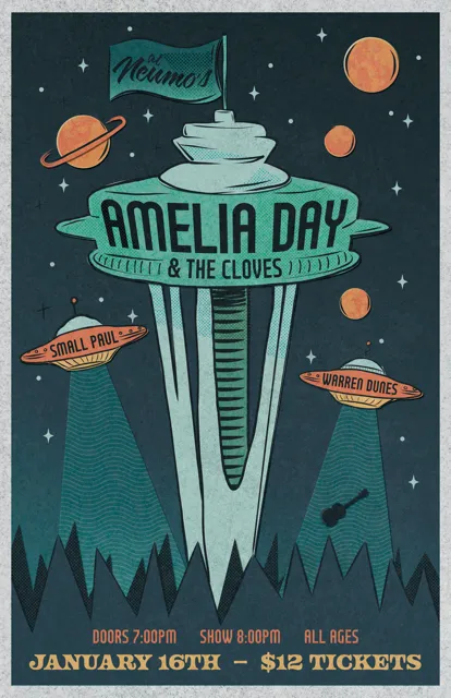 Concert poster featuring a stylized Space Needle with planets and stars, announcing Amelia Day & The Cloves with Small Paul and Warren Dunes, January 16th, $12 tickets.