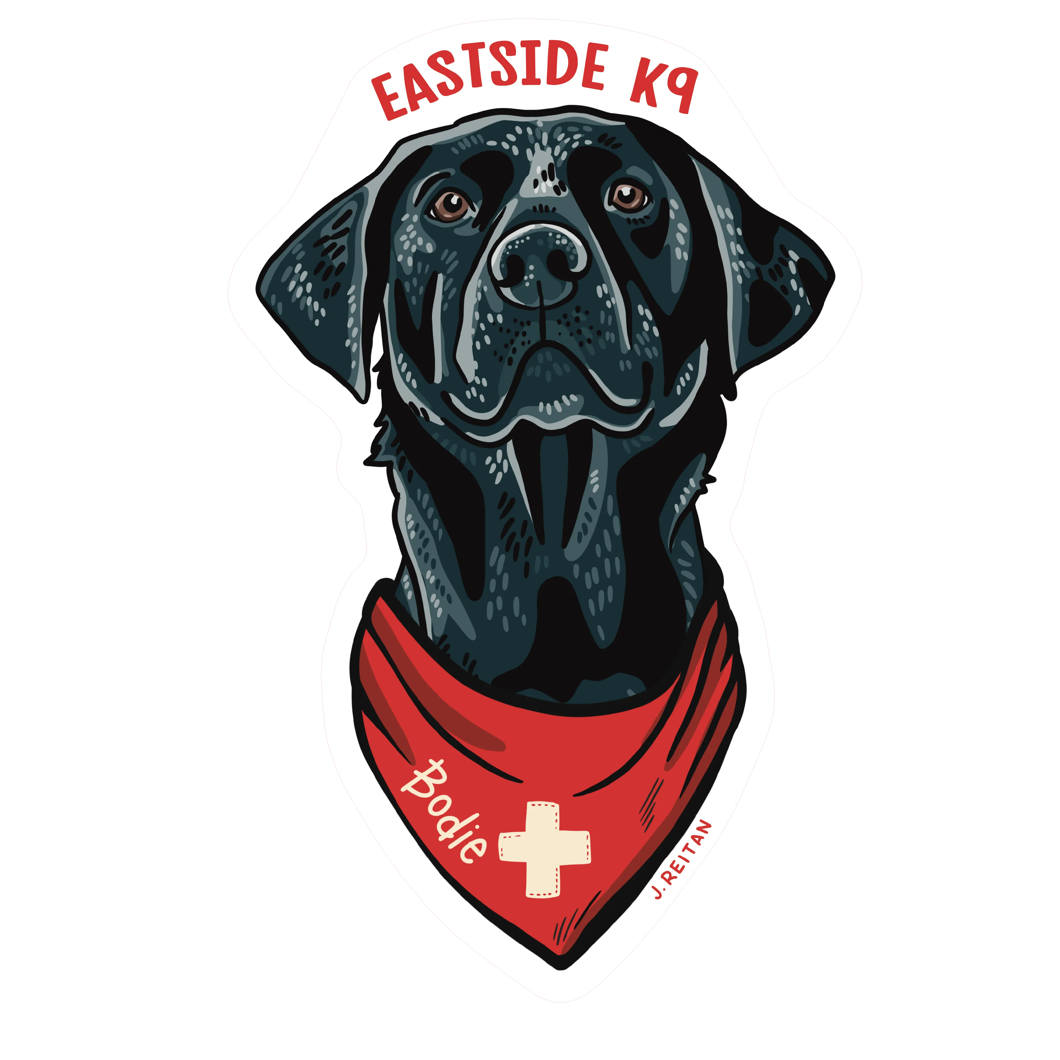 Illustration of a black dog wearing a red bandana with a white cross and the name Bodie, captioned Eastside K9 above.