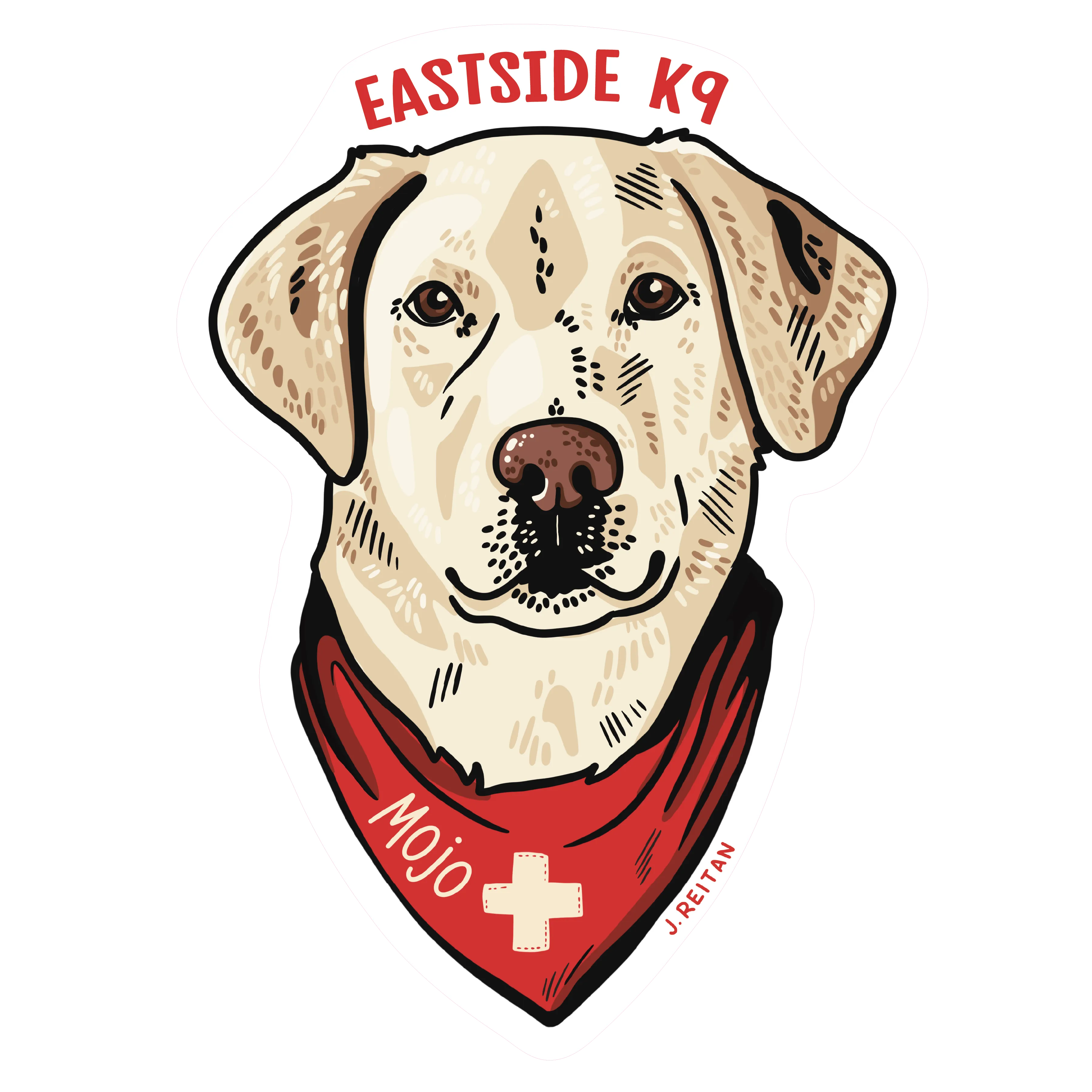 Illustration of a light-colored dog wearing a red bandana with a white cross and the name Mojo, above the dog is text reading Eastside K9.