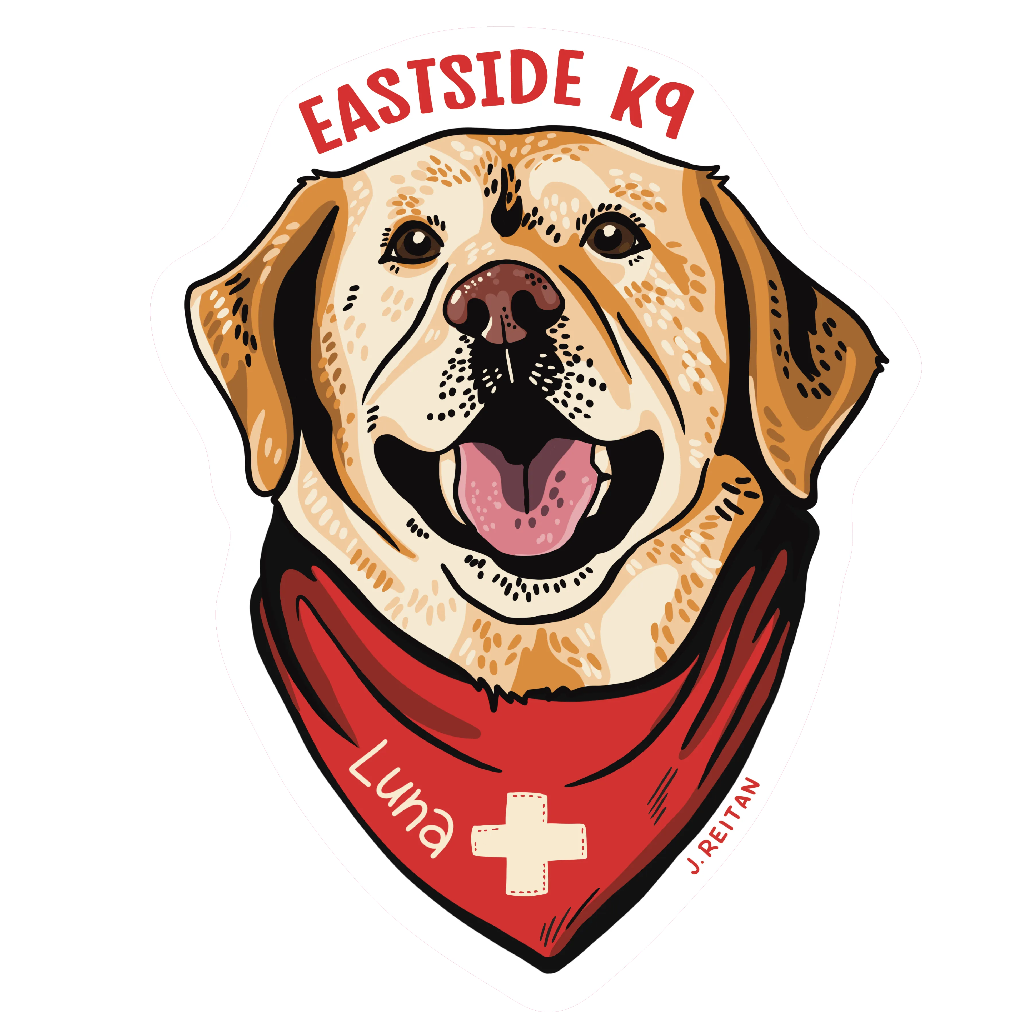 Illustration of a happy yellow Labrador wearing a red bandana labeled 'Luna' with a white cross, with text 'EASTSIDE K9' above.