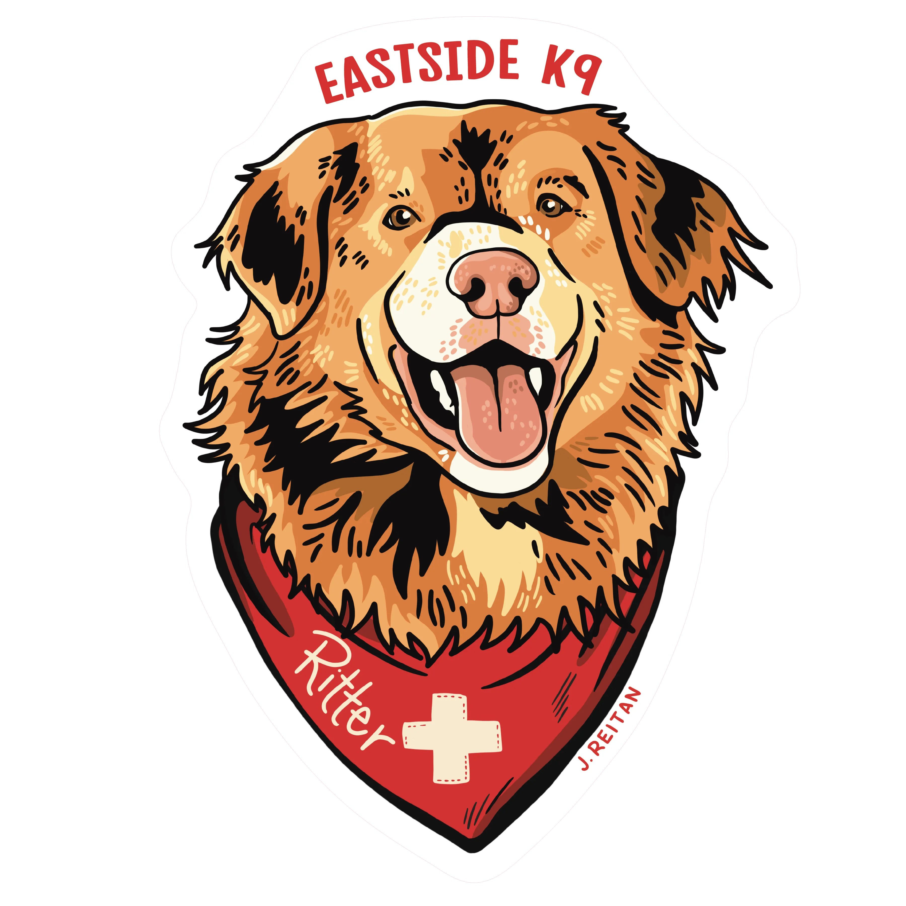 Illustration of a happy brown and tan dog wearing a red bandana with a white cross and text 'Ritter', with 'EASTSIDE K9' written above.
