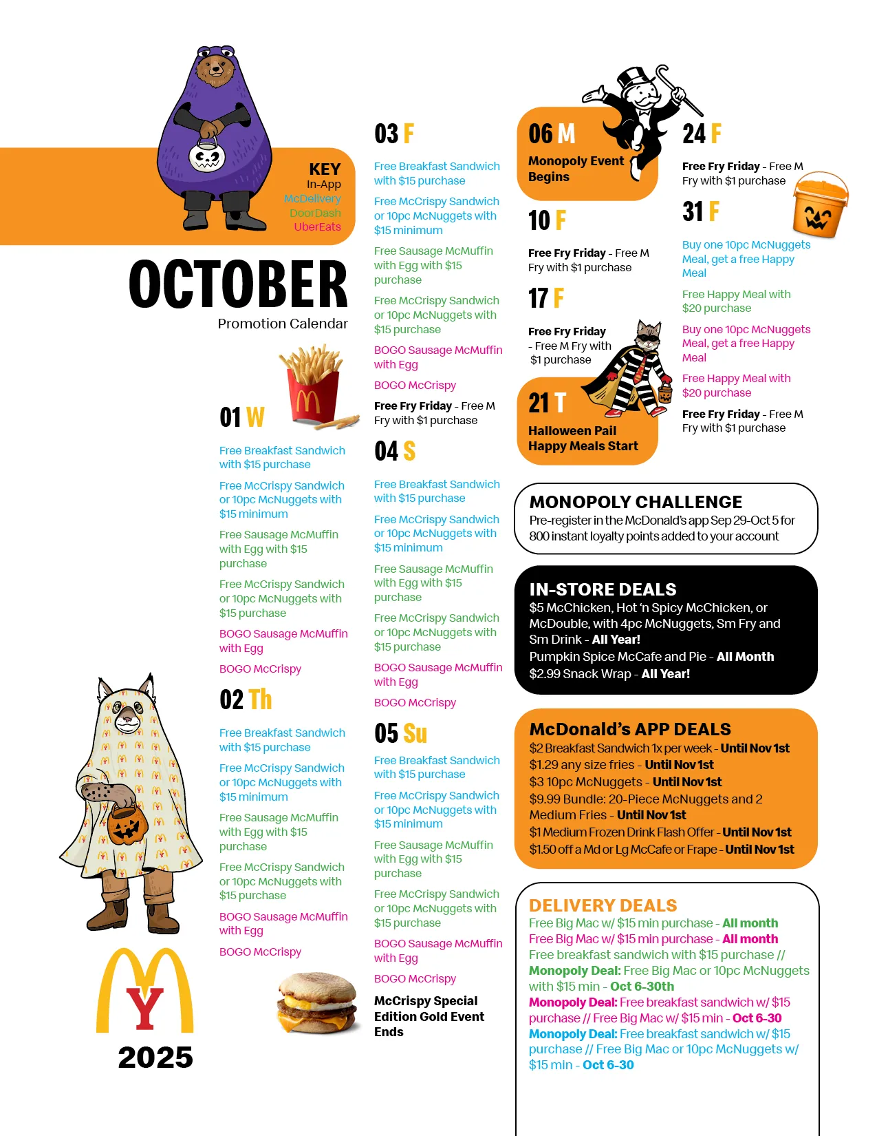 October McDonald's promotion calendar 2025 featuring Halloween and Monopoly events, daily deal highlights, and delivery app offers with character illustrations in costumes.
