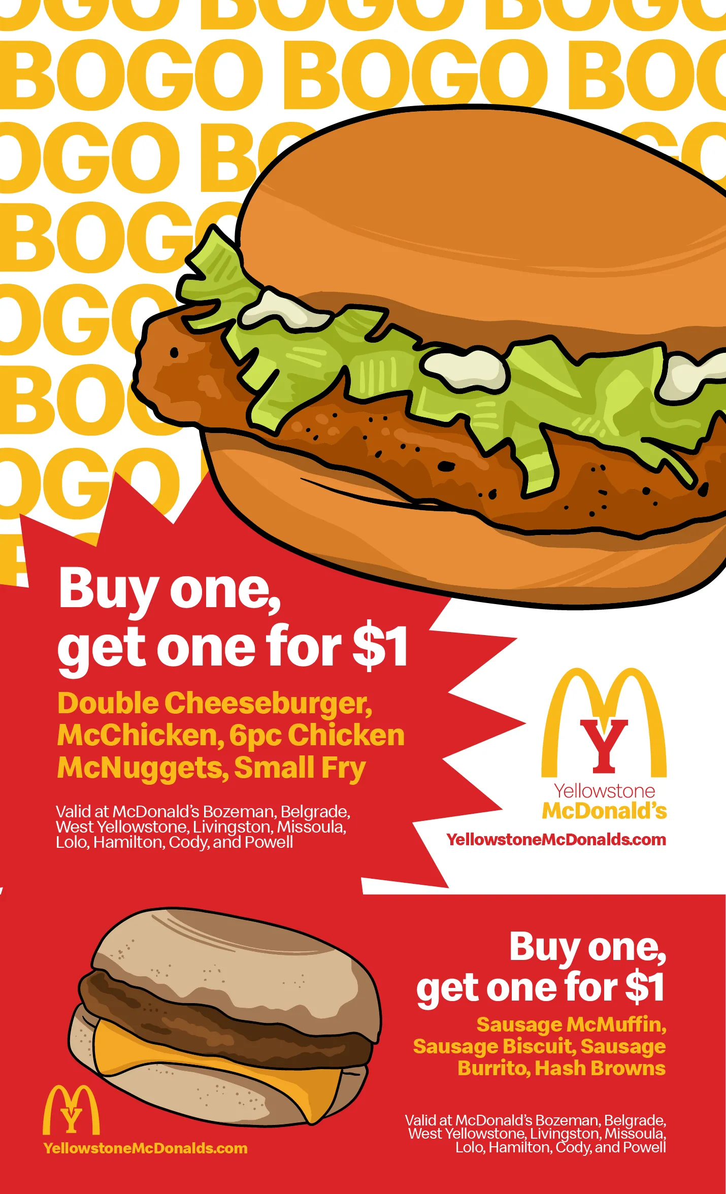 McDonald's Buy One Get One for $1 offer featuring Double Cheeseburger, McChicken, 6pc Chicken McNuggets, Small Fry, and Sausage McMuffin, Sausage Biscuit, Sausage Burrito, Hash Browns with locations listed.