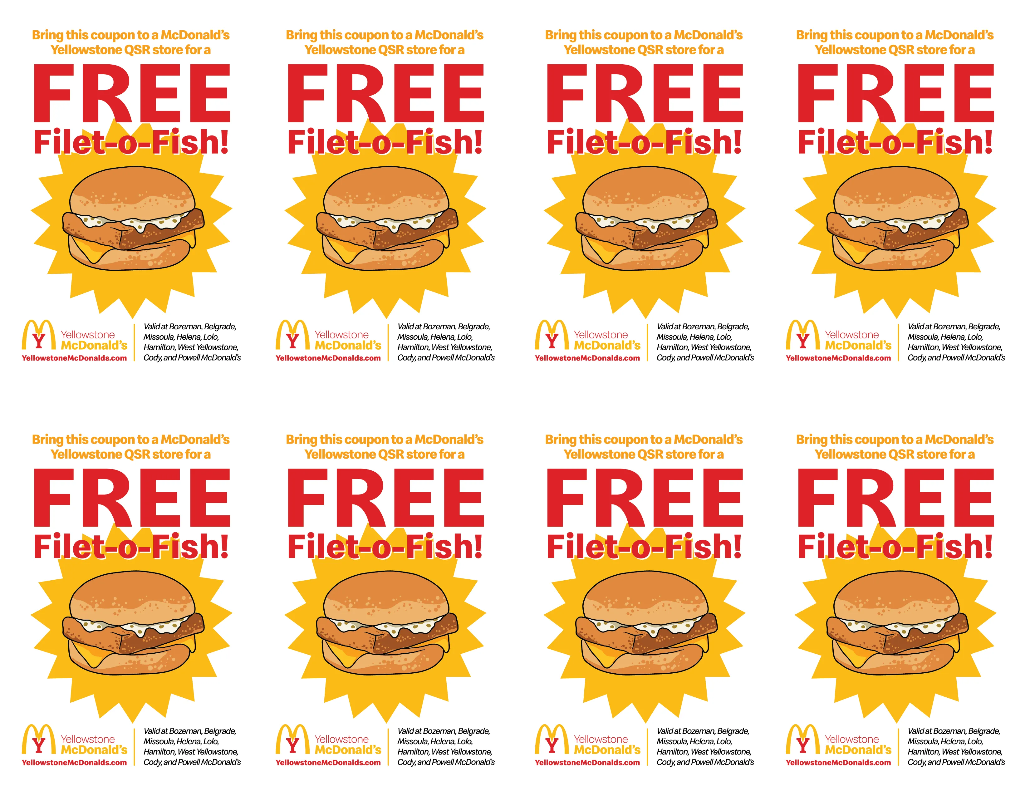Eight McDonald's coupons offering a free Filet-o-Fish sandwich at Yellowstone QSR stores, each with an illustrated sandwich and store locations listed.