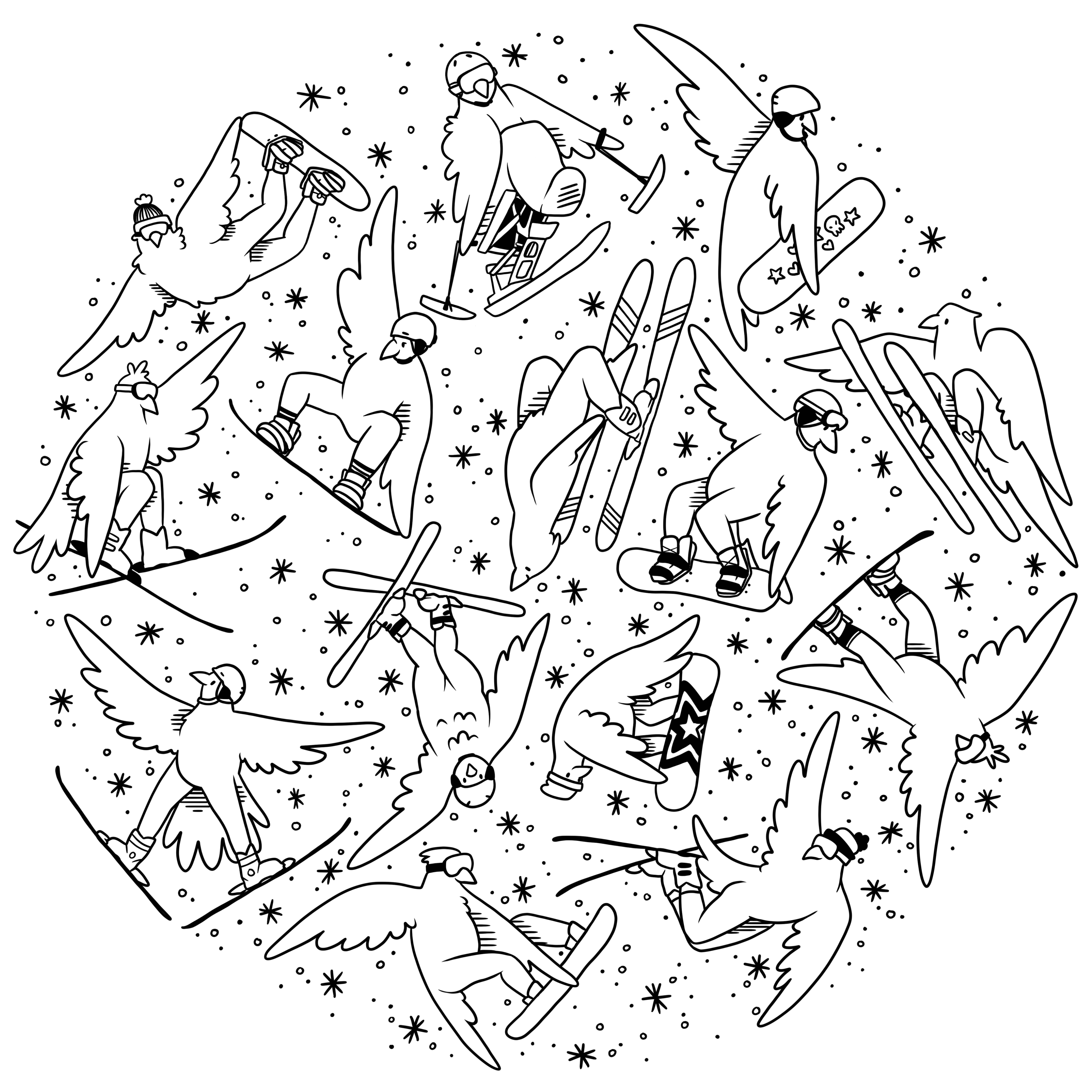 Black and white line drawing of multiple birds snowboarding in various dynamic positions with snowflakes around them.