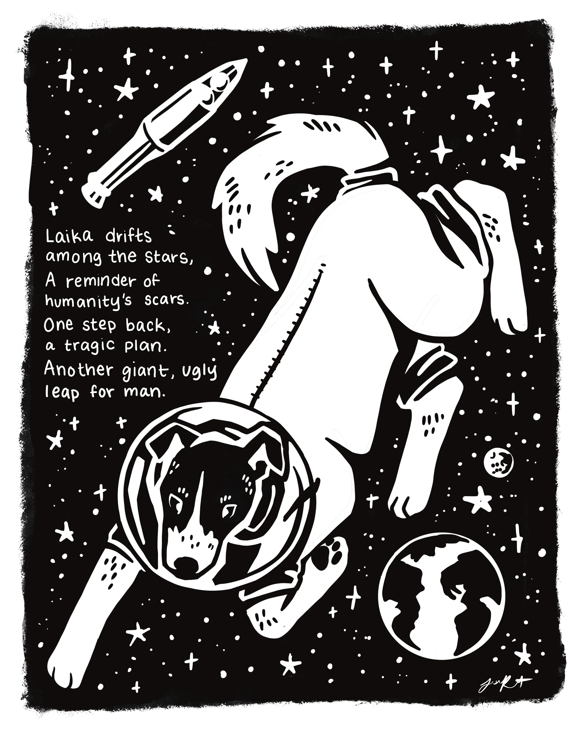 Black and white illustration of Laika the dog in a space helmet floating in space with stars, a rocket, and Earth, alongside a poem about Laika's tragic space journey.