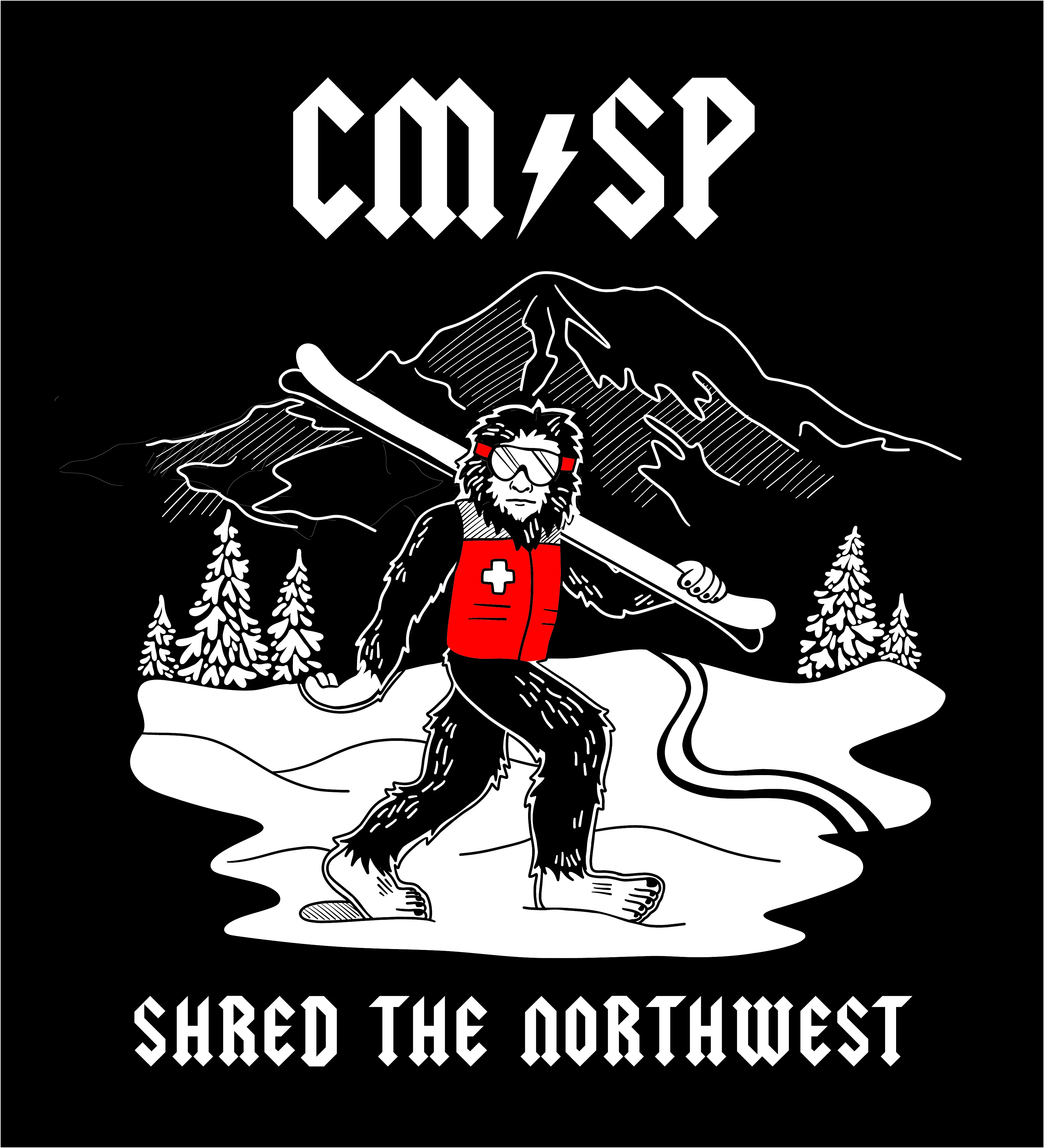 Graphic of a Bigfoot wearing a red ski patrol vest and goggles, carrying a ski on its shoulder with snowy mountains and pine trees in the background, text reading CM SP above and Shred the Northwest below.