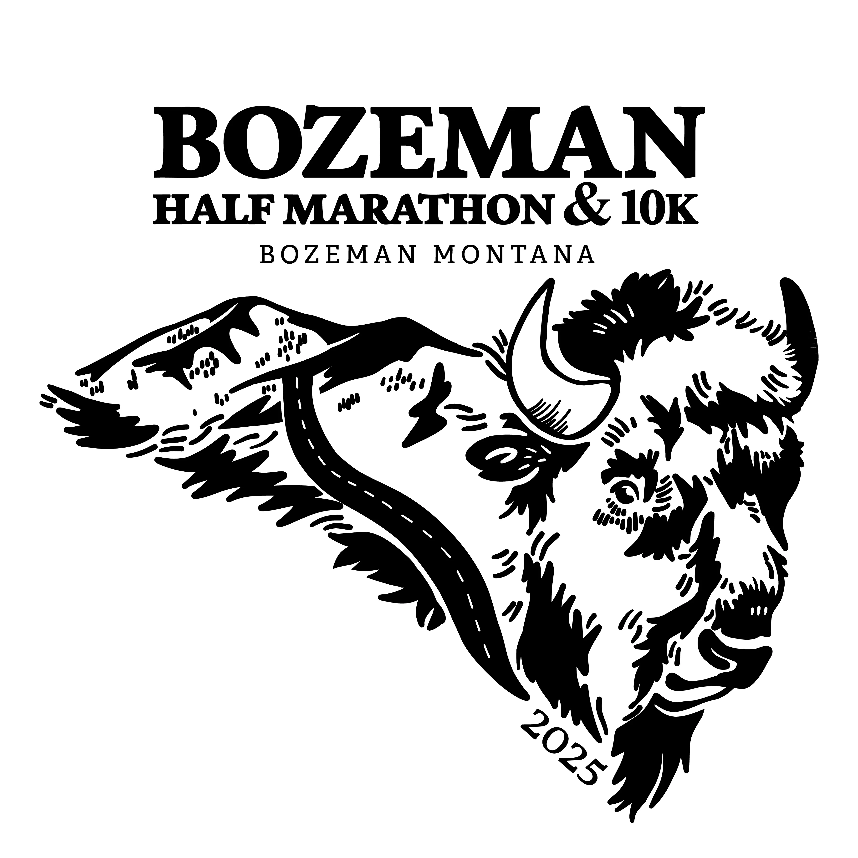 Black and white illustration for Bozeman Half Marathon & 10K 2025 featuring a bison head and mountain road scene.