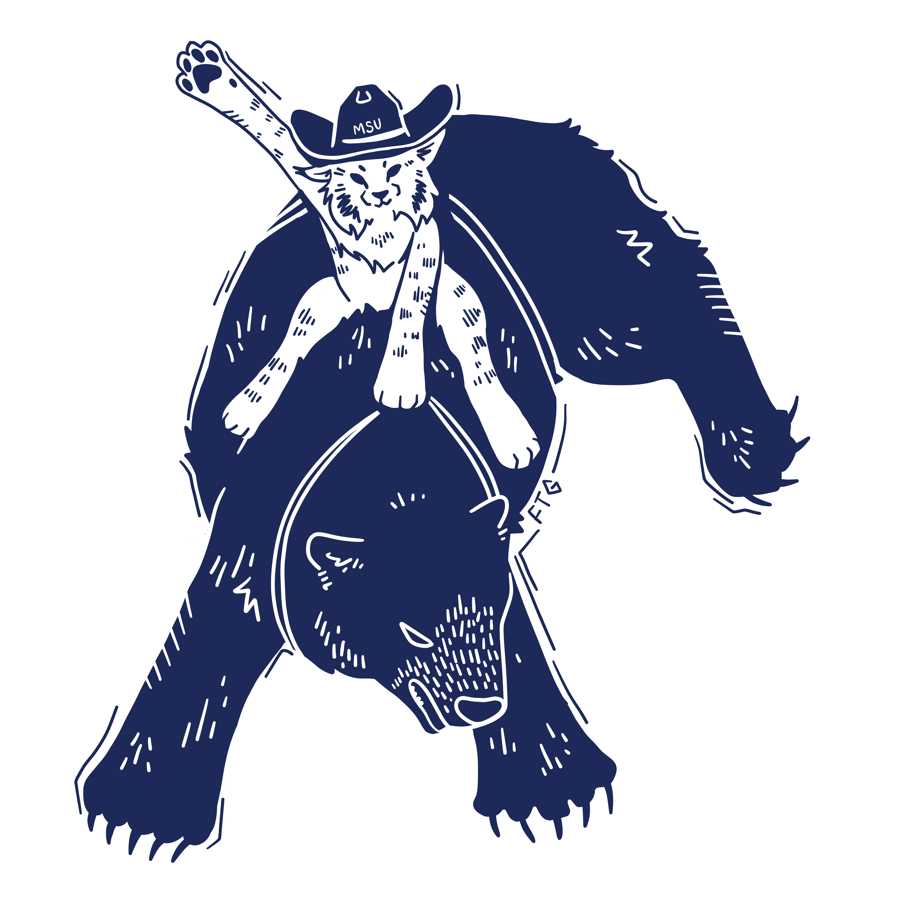 Illustration of a cat wearing an MSU hat riding on the back of a bear.