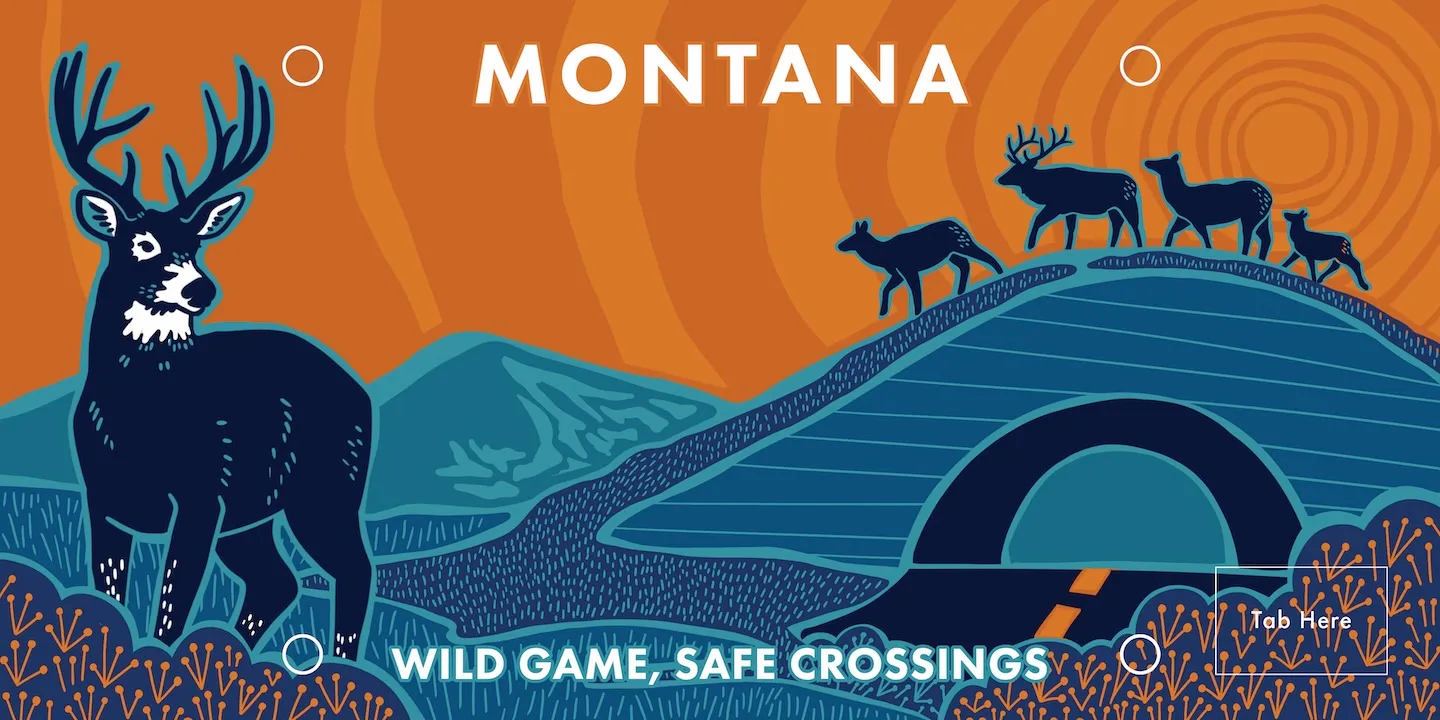 Illustration of deer and elk near a wildlife crossing tunnel with mountains and sun patterns, reading Montana Wild Game Safe Crossings.