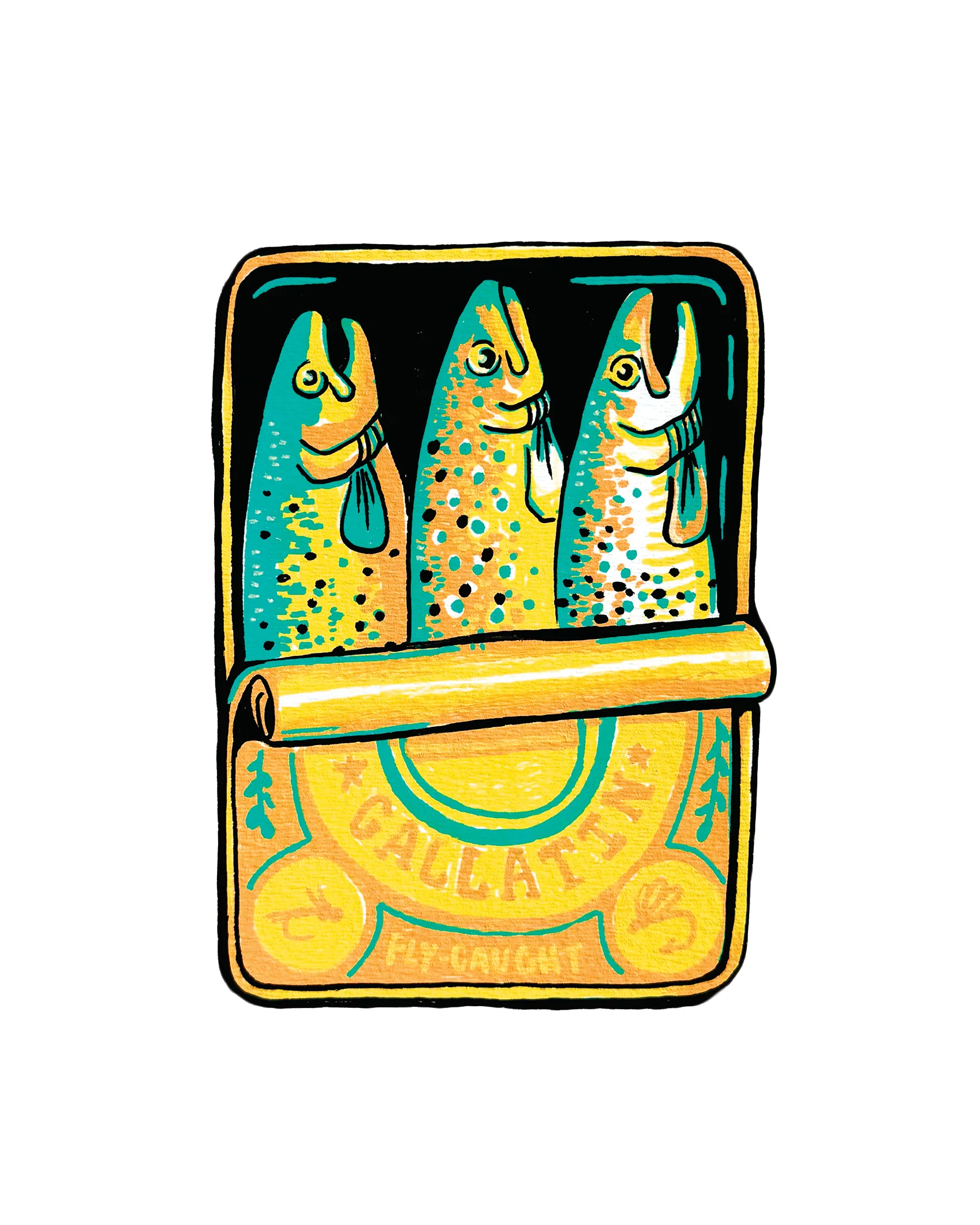 Illustration of three colorful trout fish standing upright in a yellow tin labeled 'Gallatin Fly Caught'.