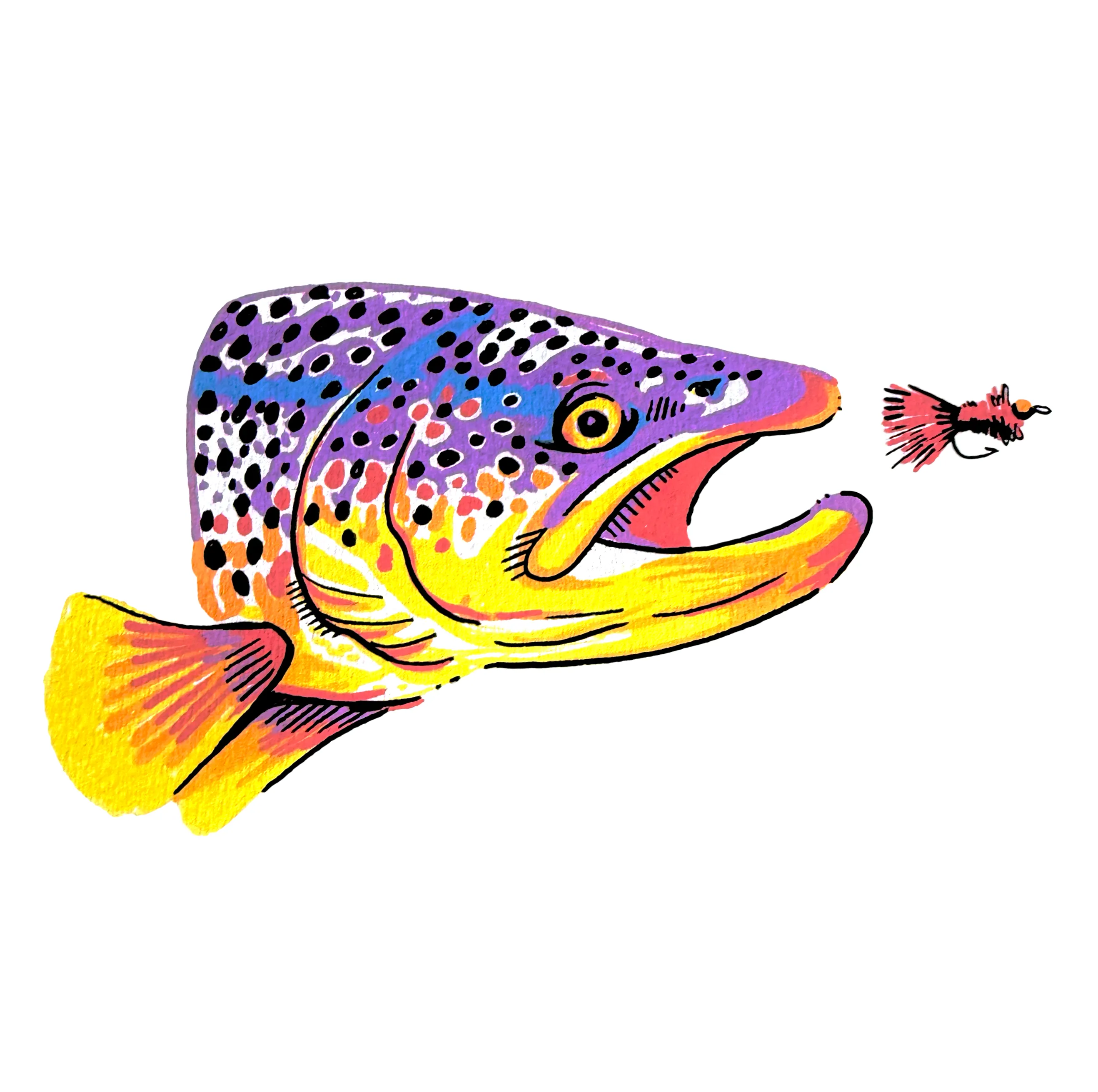 Colorful illustration of a spotted fish with yellow, purple, and orange hues opening its mouth toward a fishing lure.