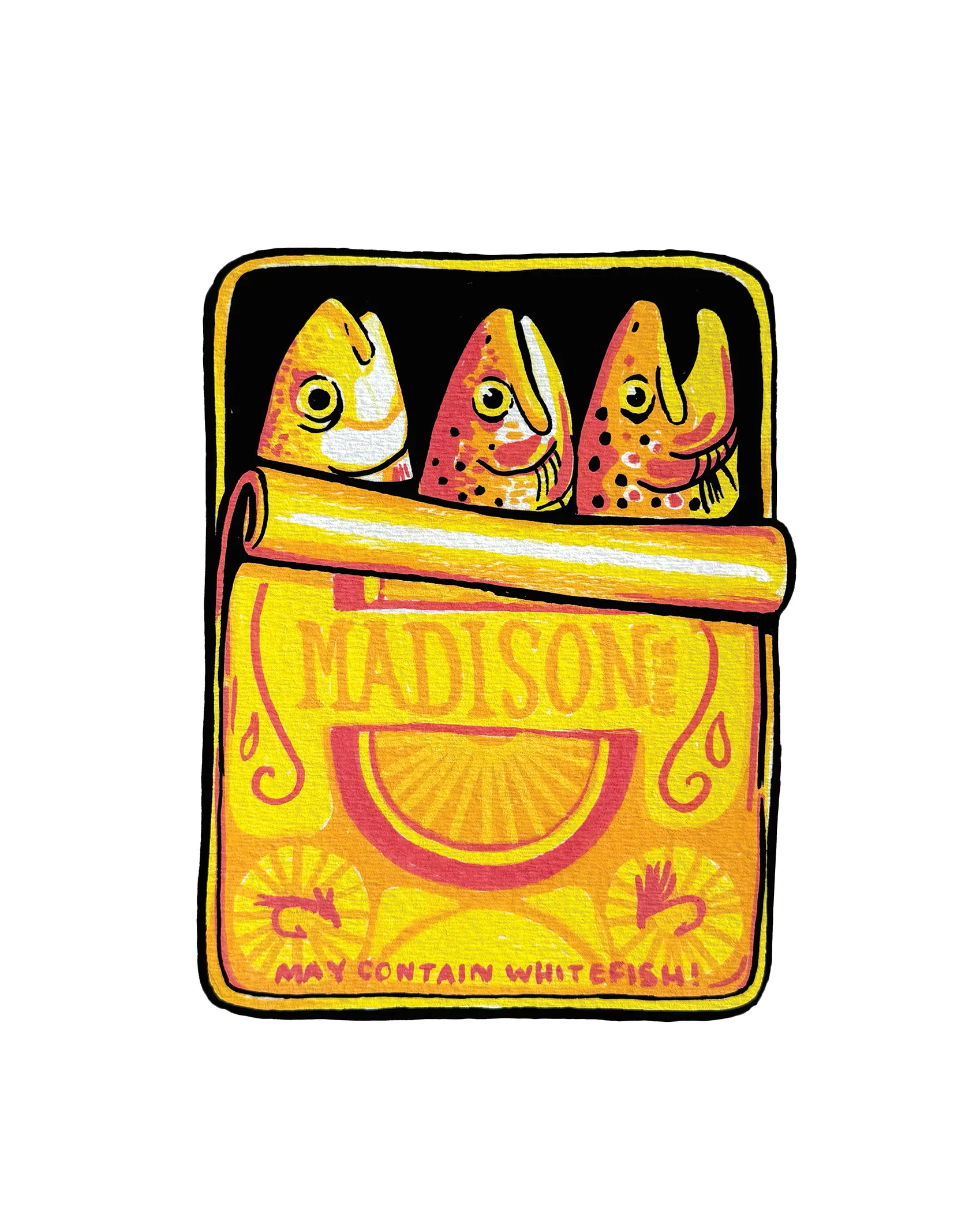 Illustration of three trout heads in a tin labeled 'Madison' with text 'May contain whitefish!'