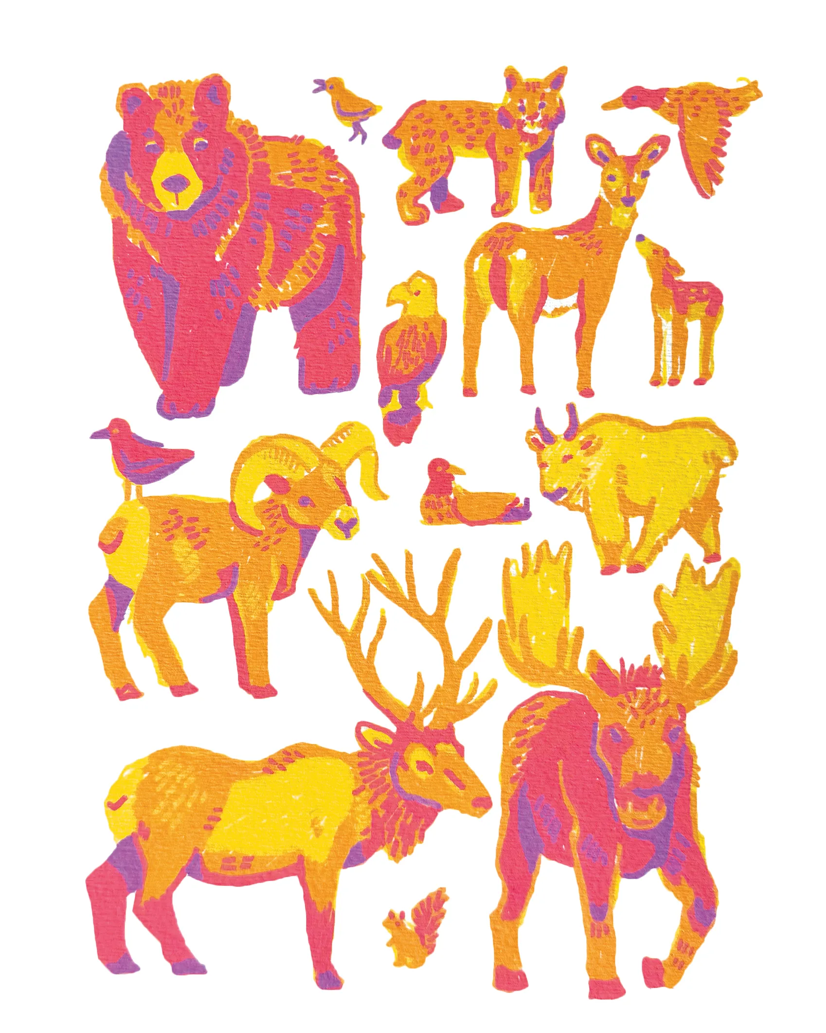 Colorful stylized illustrations of various woodland animals including a bear, wolf, deer with fawn, flying duck, ram with bird on back, sitting bird, moose, and small squirrel.