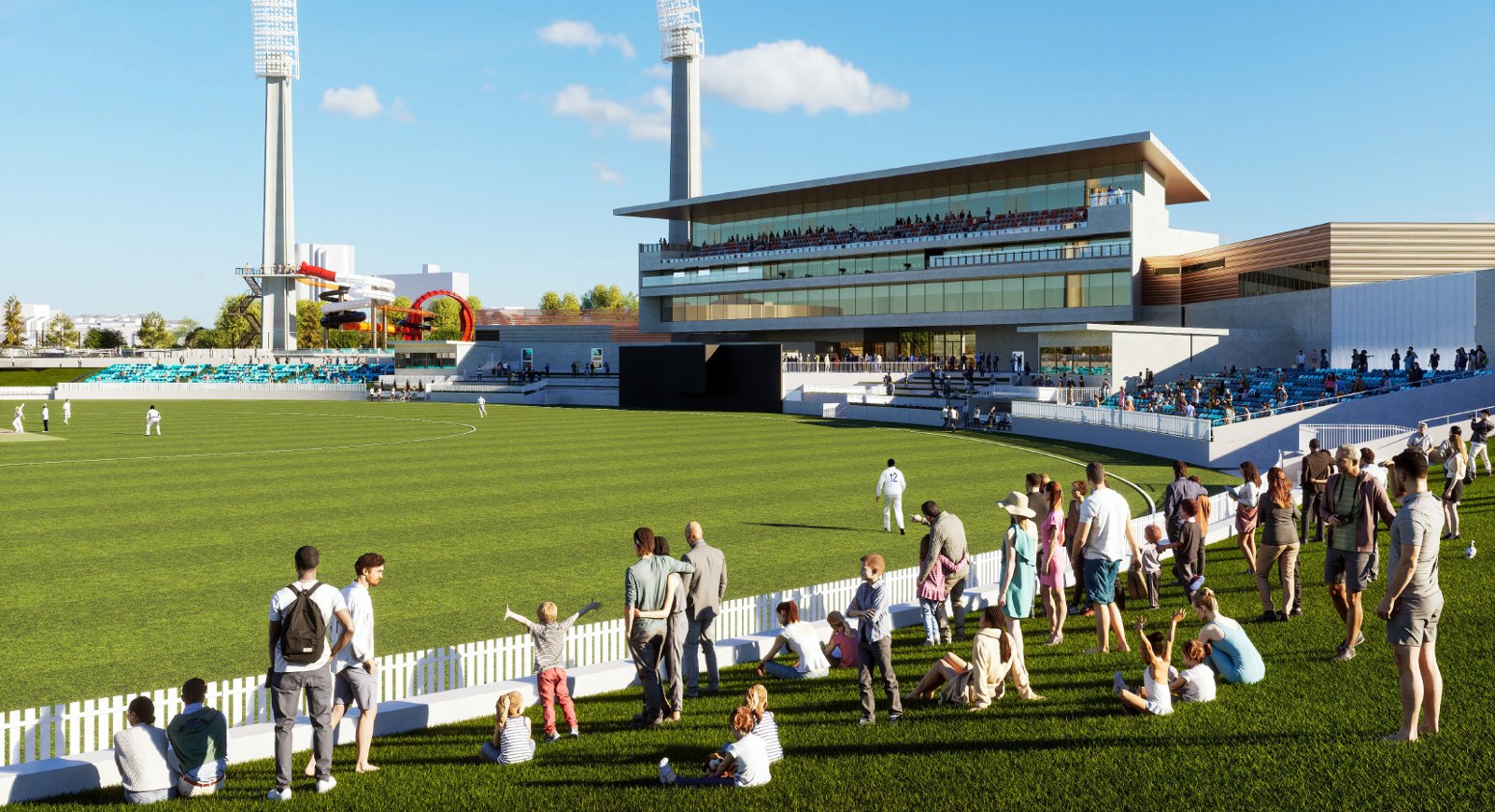 Artist's impression of the redeveloped WACA Ground with fans on the grass embankment