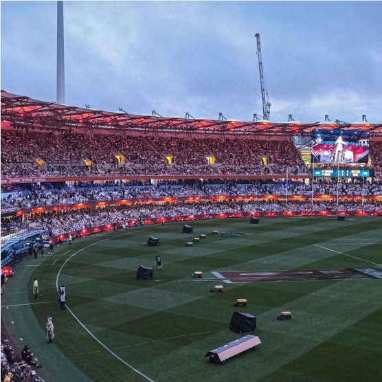 The Gabba at twilight with LED signage