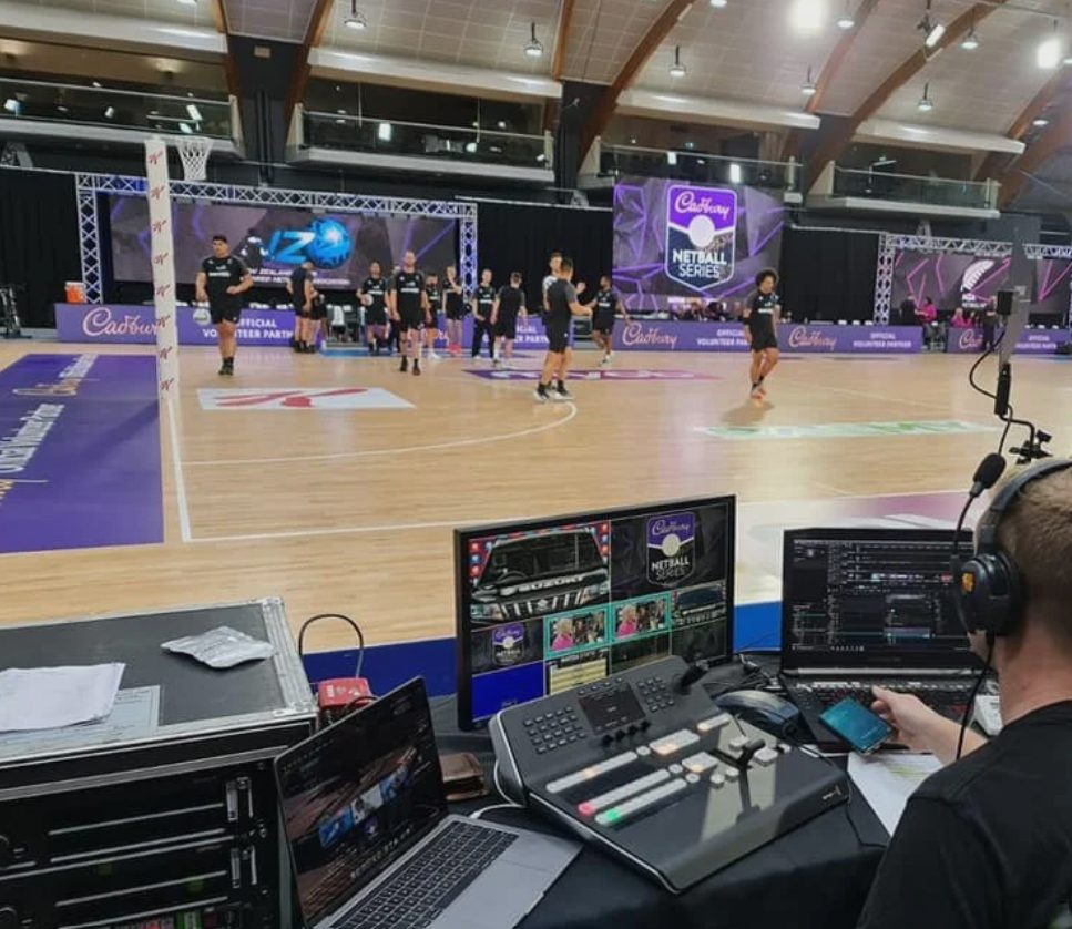 Live production desk courtside at the Cadbury Netball Series