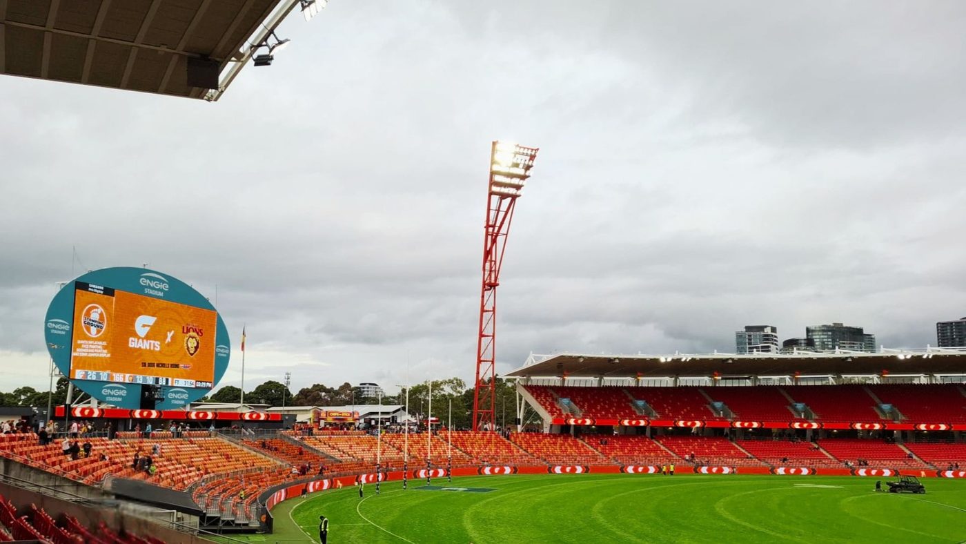 ENGIE Stadium with Giants v Lions on the big screen and perimeter LED