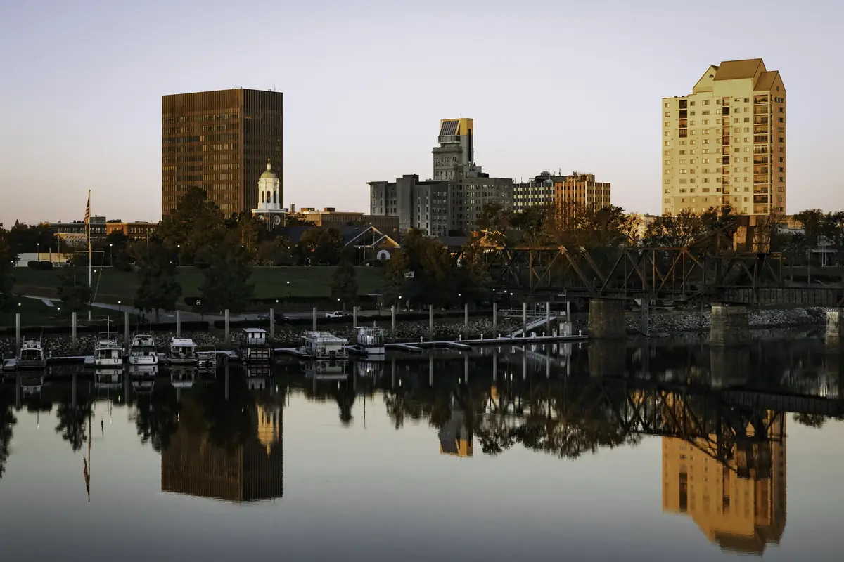 Downtown Augusta skyline reflected in the Savannah River at dusk