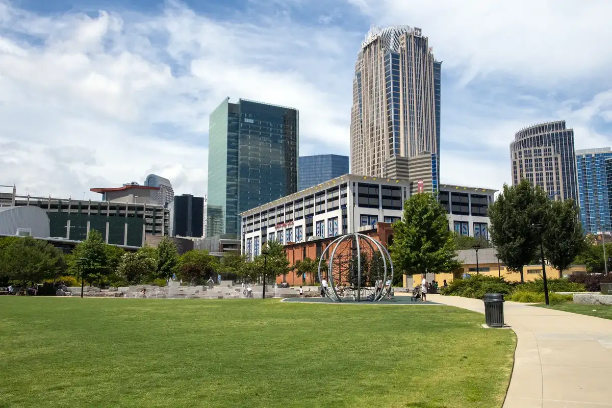 Office towers of Uptown Charlotte, North Carolina, seen across a downtown park