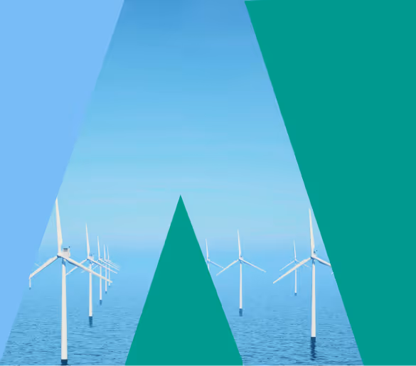 Amperon logo overlaid on offshore wind farm with white turbines in ocean water