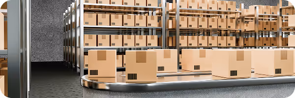 Warehouse interior with conveyor belt and stacked boxes symbolizing efficient logistics and energy management