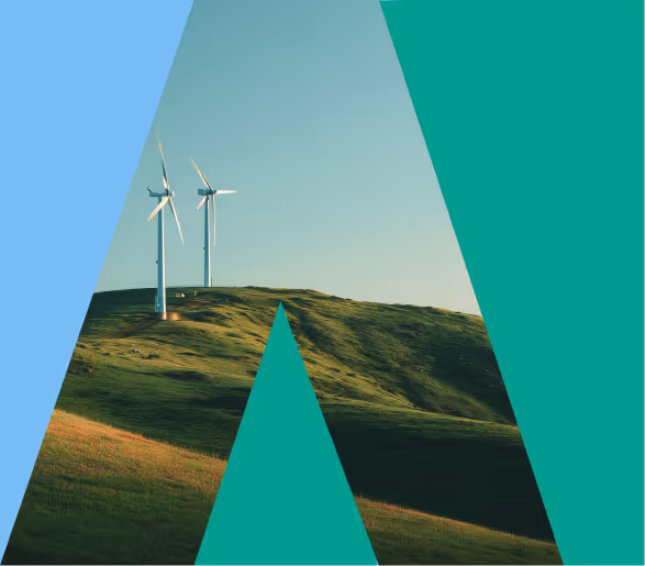 Amperon logo overlaid on two wind turbines in green rolling hills landscape
