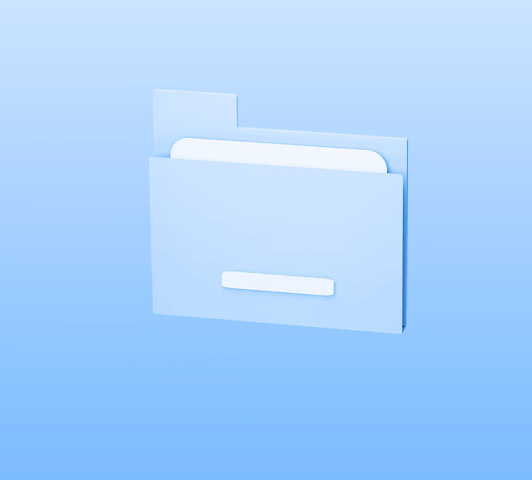Minimalist 3D illustration of blue folder icon with documents