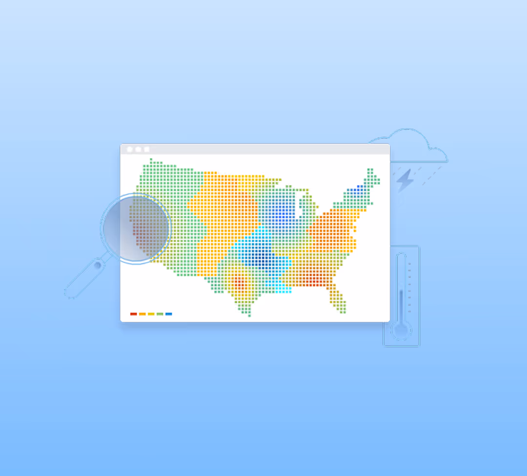 Colorful heat map of the United States showing temperature or weather data variations across different regions, with weather icons including clouds, lightning, magnifying glass, and thermometer