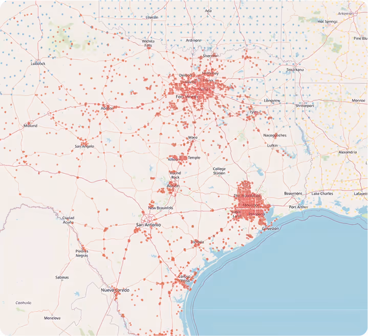 Map of Texas showing dense red network of electrical grid connections and infrastructure concentrated around major cities including Dallas, Fort Worth, Houston, San Antonio, and Austin