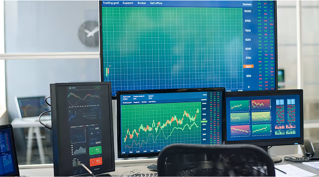 Multiple monitors in a modern office displaying power grid demand projections