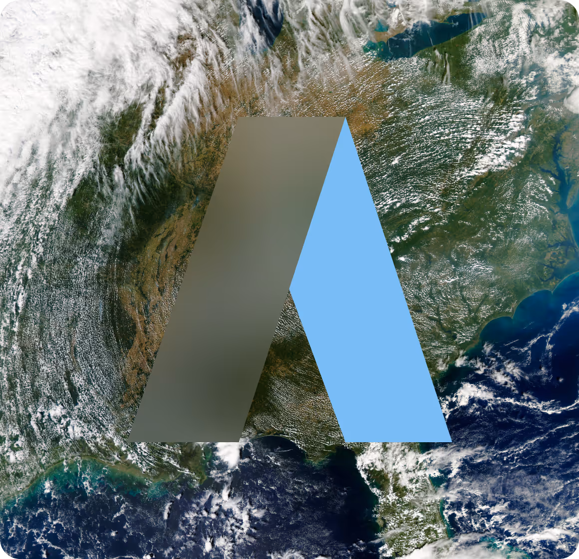 Amperon logo overlaid on satellite image showing weather system and cloud patterns over eastern United States coastline