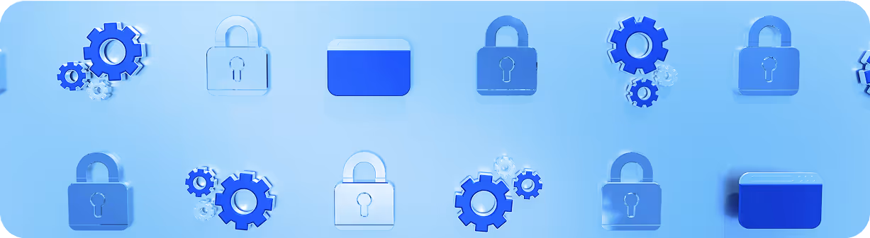 Pattern of blue security icons including padlocks, gears, and folder symbols on light blue background representing cybersecurity and data protection