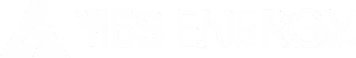 A white logo of Yes Energy featuring a mountain silhouette next to the words "YES ENERGY"