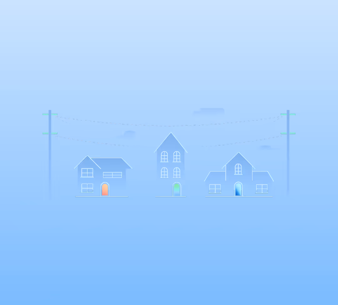 Illustration of three residential houses connected by power lines on utility poles against blue sky