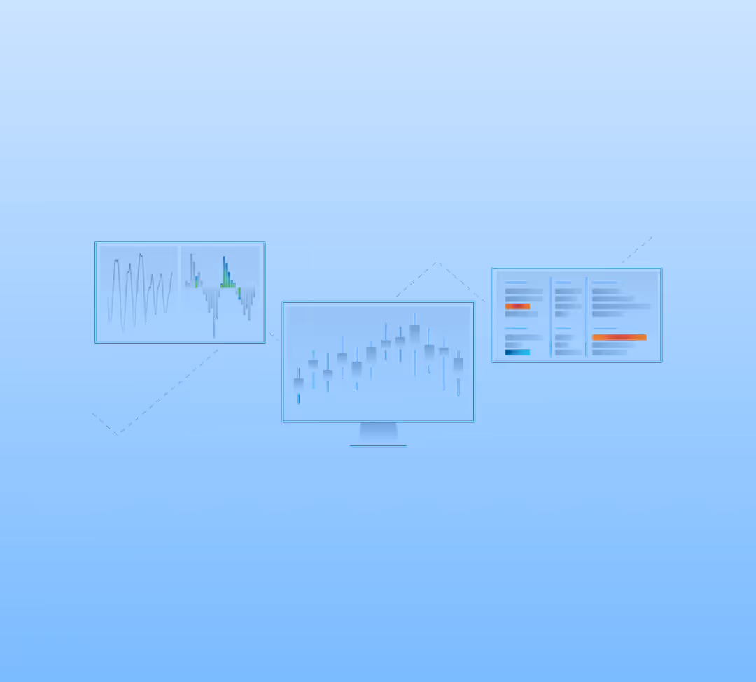 Illustration of three connected screens displaying various data analytics charts including line graphs, candlestick charts, and data tables