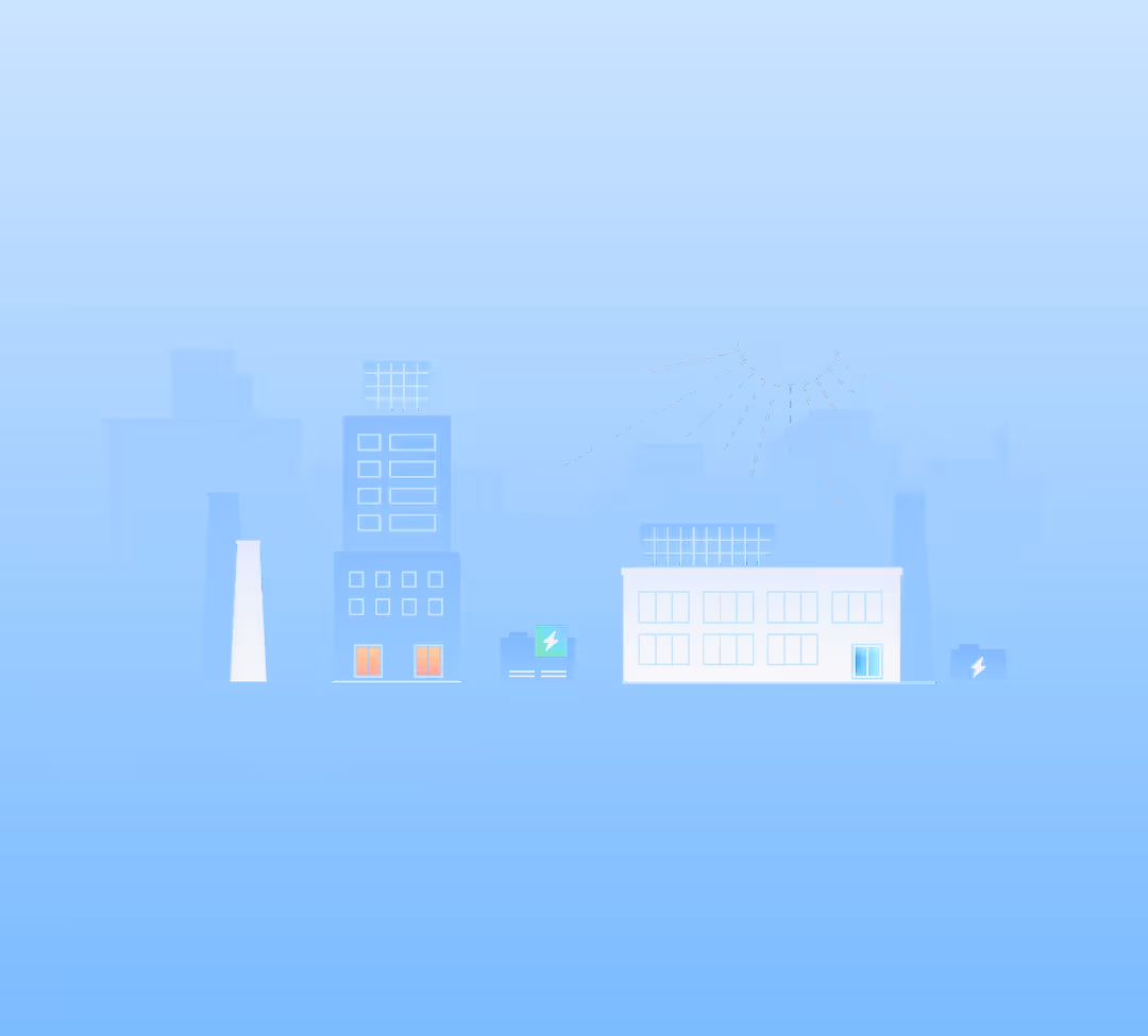 Simplified cityscape illustration showing smart buildings powered by renewable energy sources
