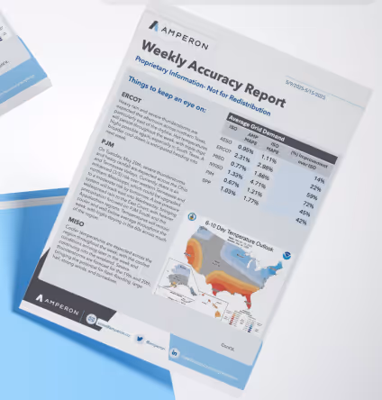 Amperon Weekly Accuracy Report document showing forecasting performance statistics and heat map of United States