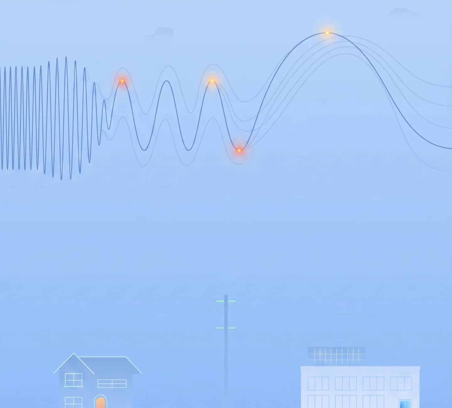 Abstract blue background with wavy lines and glowing orange dots representing signal waves above houses and a pole.